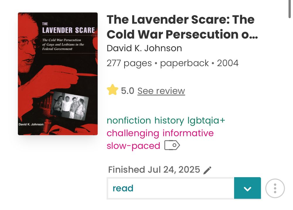 Screenshot of a page showing The Lavender Scare by David K. Johnson. 