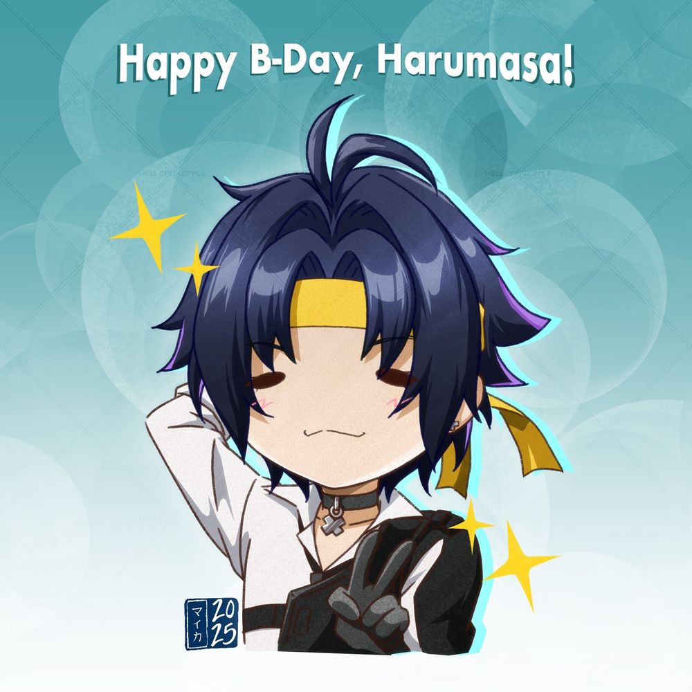 Illustration of a chibi Harumasa drawn by Micah. A chibi young man wearing a headband has a pleased expression on his face. He poses his hands in a peace sign. Sparkles surround him. Text reads: Happy B-Day, Harumasa!