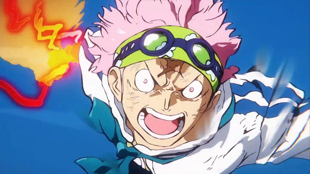 Screencap from the One Piece - Eggisland Arc. A young man in a sailor uniform winds up to unleash a huge energy punch as he falls through the sky.