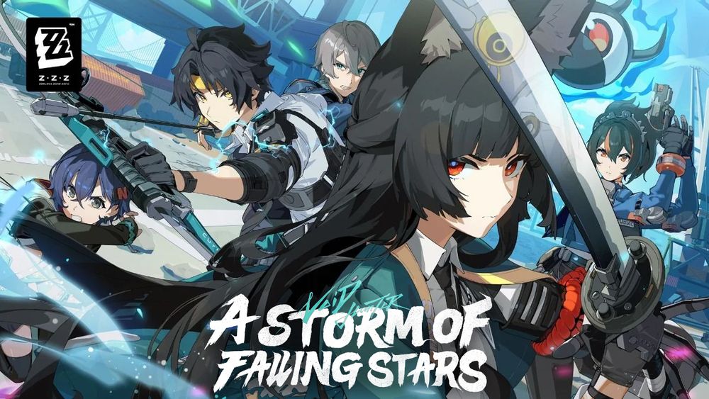 Promotional image for Zenless Zone Zero 1.4 Update featuring various members of the cast in mid-action poses. Text reads: "Void Hunter - A Storm of Falling Stars."