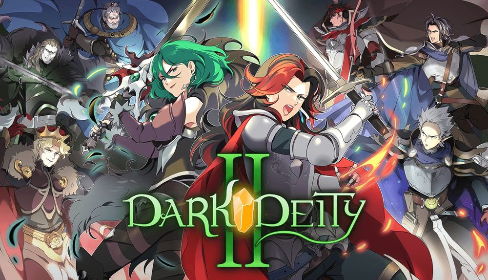 Promotional artwork for Dark Deity II. A collage of the main cast of characters in action poses. Heroes on the right, antagonists on the left.