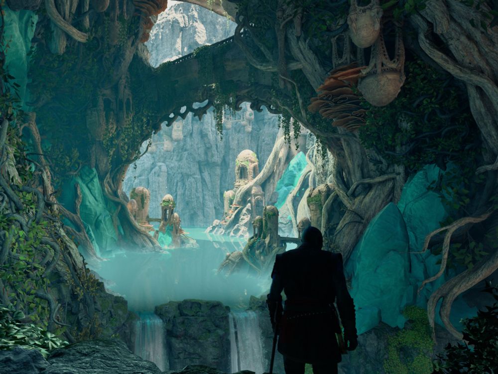 Kai gazing down a gorgeous cave
