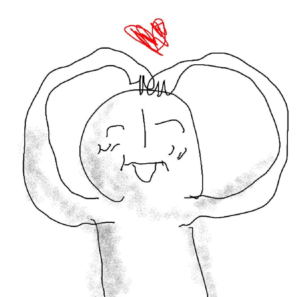 오른손을 쓰시는 멧돌님이라는 분이 왼손으로 그리신 하얀 캐릭터가 만족스럽게 웃으며 머리에 손을 올려 하트를 하는 사진