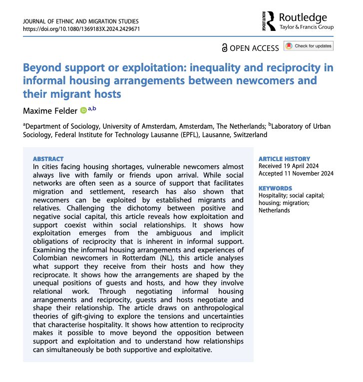 First page of the published research paper called "Beyond support or exploitation: inequality and reciprocity in informal housing arrangements between newcomers and their migrant hosts" by Maxime Felder