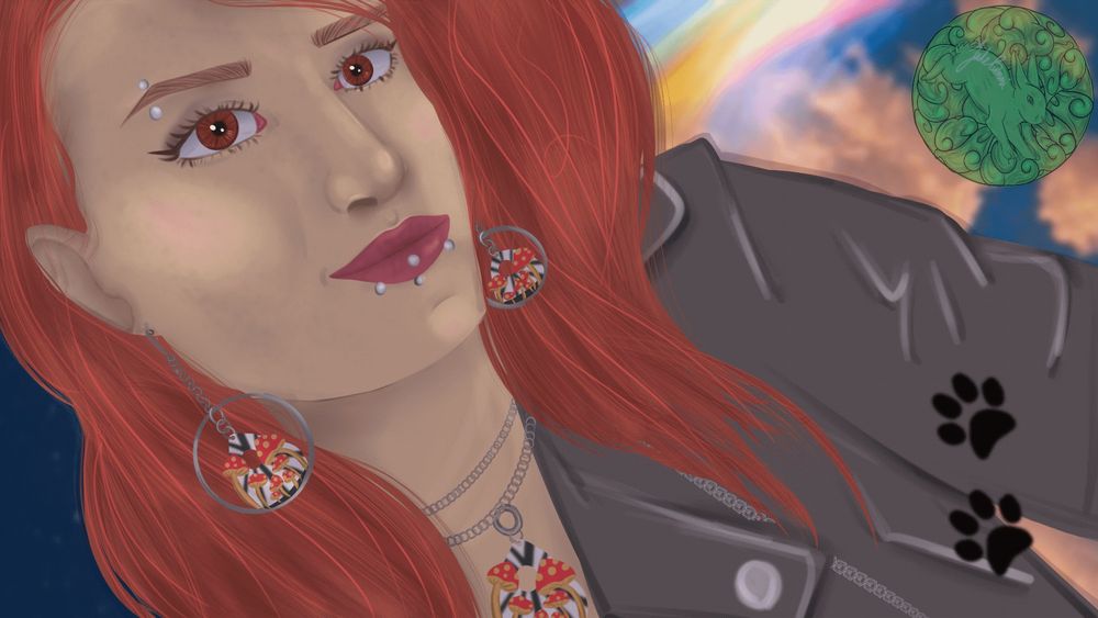 Semi-realism painting done on procreate. Red headed girl with piercings and mushroom earrings and necklace.