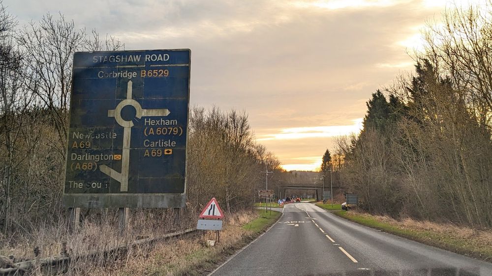 Another original sign approaching the Corbridge Bypass showing a junction name. 