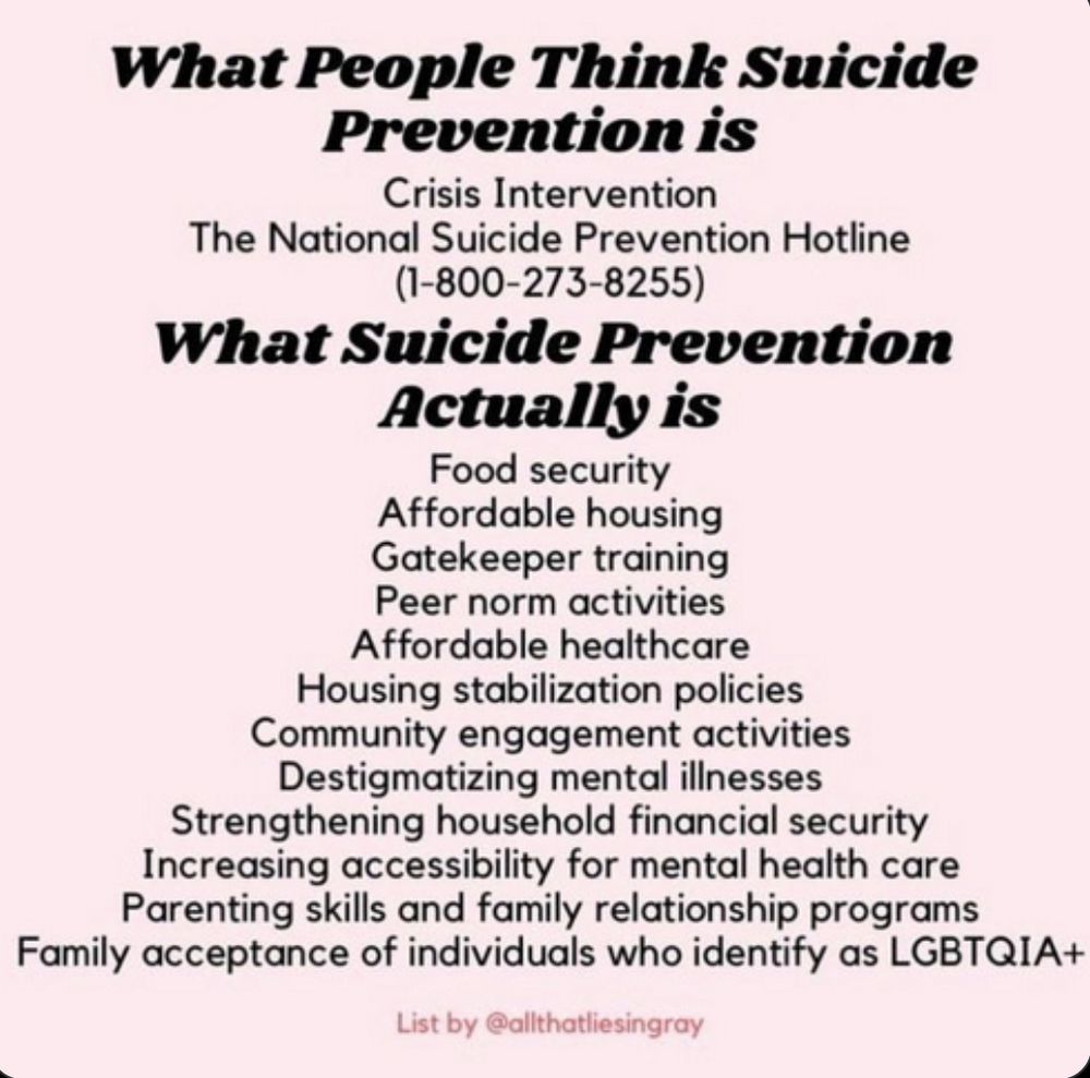 What People Think Suicide Prevention is:
Crisis Intervention.
The National Suicide Prevention Hotline.
1-800-273-8255.
(The current number is '988')
What Suicide Prevention Actually is:
Food security, affordable housing, gatekeeper training, peer norm activities, affordable healthcare, housing stabilization policies, community engagement activities, destigmatizing mental illnesses, strengthening household financial security, increasing accessibility for mental health care, parenting skills and family relationship programs, family acceptance of individuals who identify as LGBTQIA+. ~AllThatLiesInGray