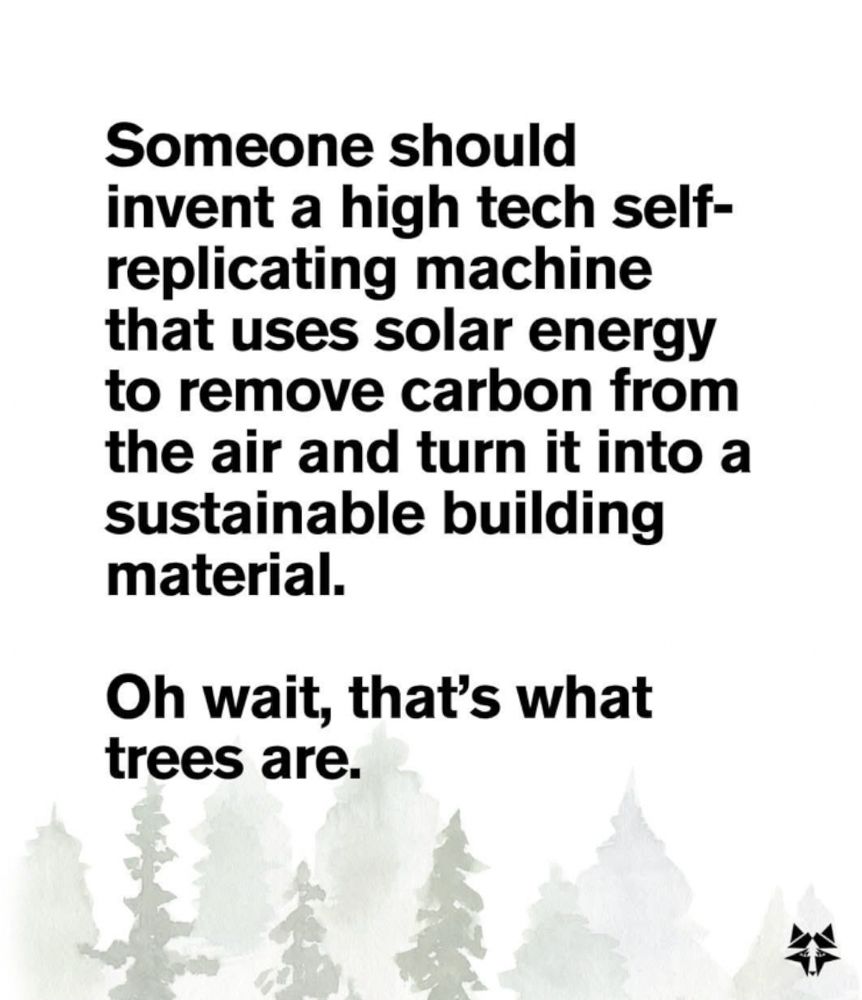 This, written above pale-green watercolor trees:

Someone should invent a high tech self-replicating machine that uses solar energy to remove carbon from the air and turn it into a sustainable building material.

Oh, wait, that’s what trees are.