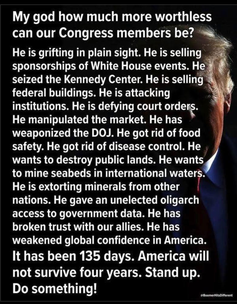 “My God, how much more worthless can our Congress members be?
He is grifting in plain sight. He is selling sponsorships of White House events. He seized the Kennedy Center. He is selling federal buildings. He is attacking institutions. He is defying court orders. He manipulated the market. He has weaponized the DOJ. He got rid of food safety. He got rid of disease control. He wants to destroy public lands. He wants to mine seabeds in international waters. He is extorting minerals from other nations. He gave an unelected oligarch access to government data. He has broken trust with our allies. He has weakened global confidence in America. 
It has been 135 days. America will not survive four years. Stand up and Do something!”
~ BoomerHitsDifferent