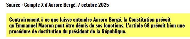 Extrait de l'article qui précise que "contrairement à ce que laisse entendre Aurore Bergé, la Constitution prévoit qu'Emmanuel Macron peut être démis de ses fonctions".