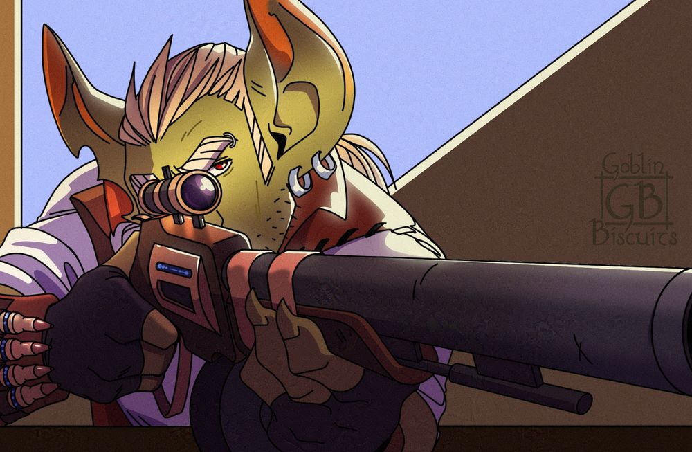 An old west style drawing by Goblin Biscuits of their OC Zak Ironside about to shoot a rifle.