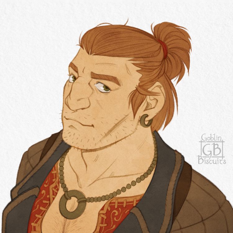 Flat colors from a portrait drawing of Varric Tethras by Goblin Biscuits as he appeared in Dragon age Inquisition.