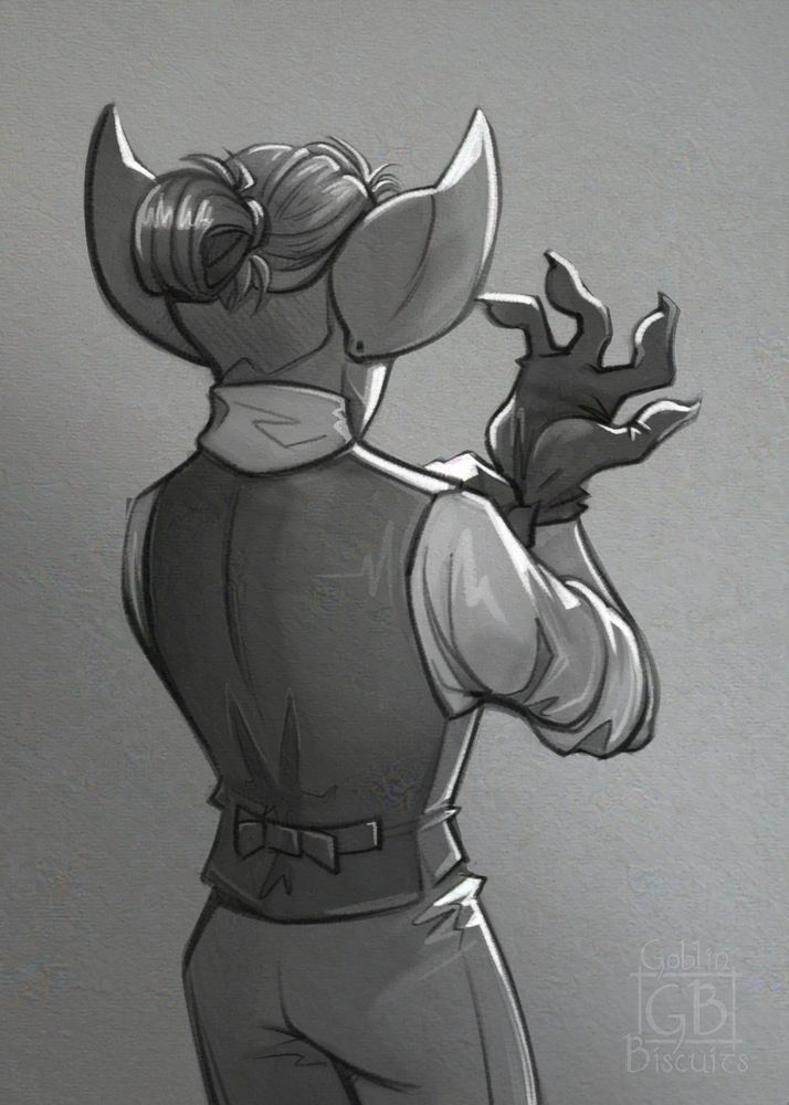 A drawing by Goblin Biscuits of a Goblin in dress clothes with his back to the camera pulling on a pair of leather gloves.