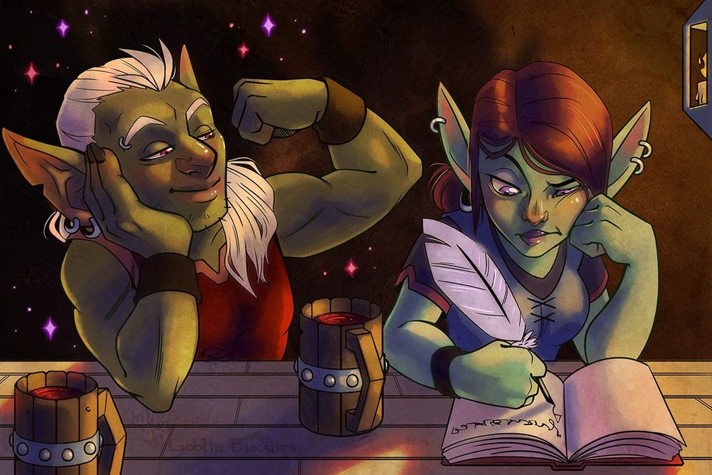 A drawing by Goblin Biscuits of two goblins in a tavern.  The male is flexing at the female who is writing in her journal.  She is unimpressed.  This an old drawing I did in 2018.