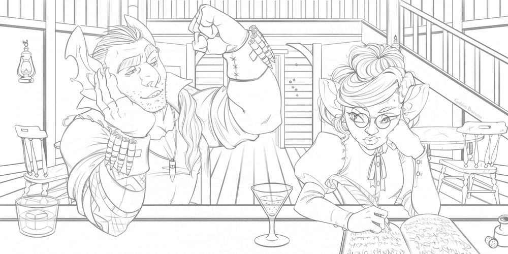 Thine line art from a drawing by Goblin Biscuits of two goblins in an old west style saloon.  The male is flexing at the female who is writing in her journal.  She is unimpressed.  This is a remake of an old drawing I did in 2018.