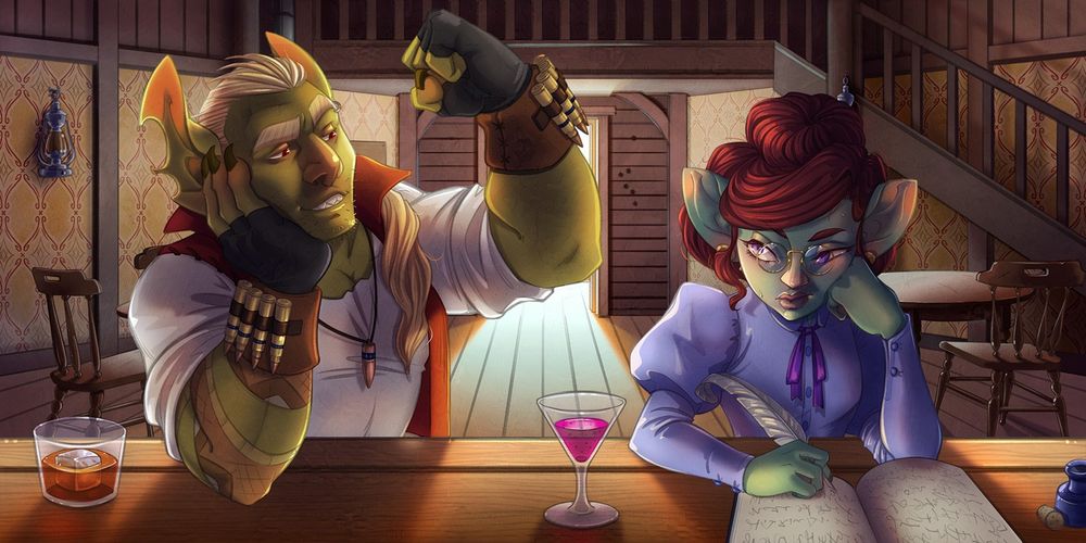 A drawing by Goblin Biscuits of two goblins in an old west style saloon.  The male is flexing at the female who is writing in her journal.  She is unimpressed.  This is a remake of an old drawing I did in 2018.