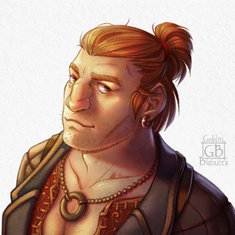 A portrait drawing of Varric Tethras by Goblin Biscuits as he appeared in Dragon age Inquisition without the background/grass.