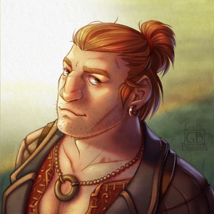 A portrait drawing of Varric Tethras by Goblin Biscuits as he appeared in Dragon age Inquisition.