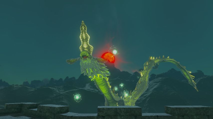 Dragão elétrico voando no céu noturno com uma lua vermelha ao fundo