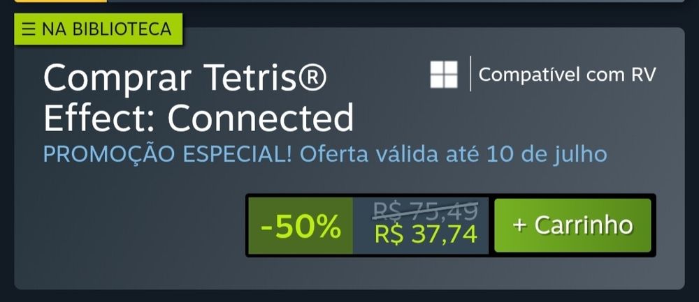 Print do mesmo jogo no Steam: de R$ 75,49 ele está por R$ 37,74 depois de 50% de desconto 