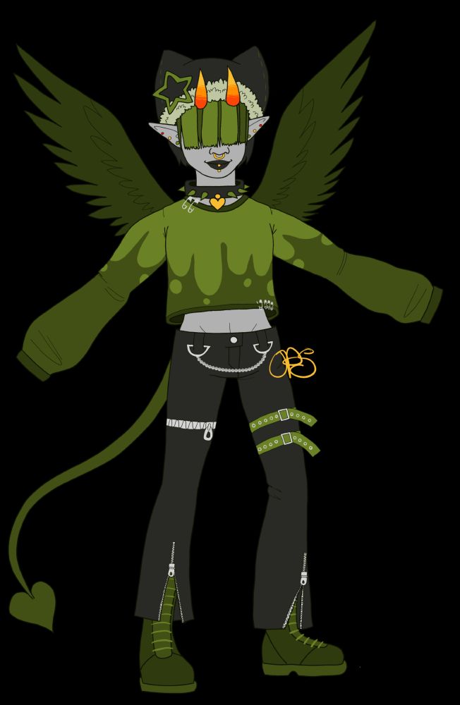 a figure with grey skin and pointed ears, with feathered wings and a tail with a spade at the end in varying shades of green. their eyes are obscured by a curtain of green bangs, and they have candy corn horns. they are wearing a two tone green sweater that obscures their hands, a black cat eared hat with fluffy green trim and a star on it, and black jeans with zippers at the bottom with black and green boots. they are a fantroll based on the webcomic homestuck, of the lime caste.