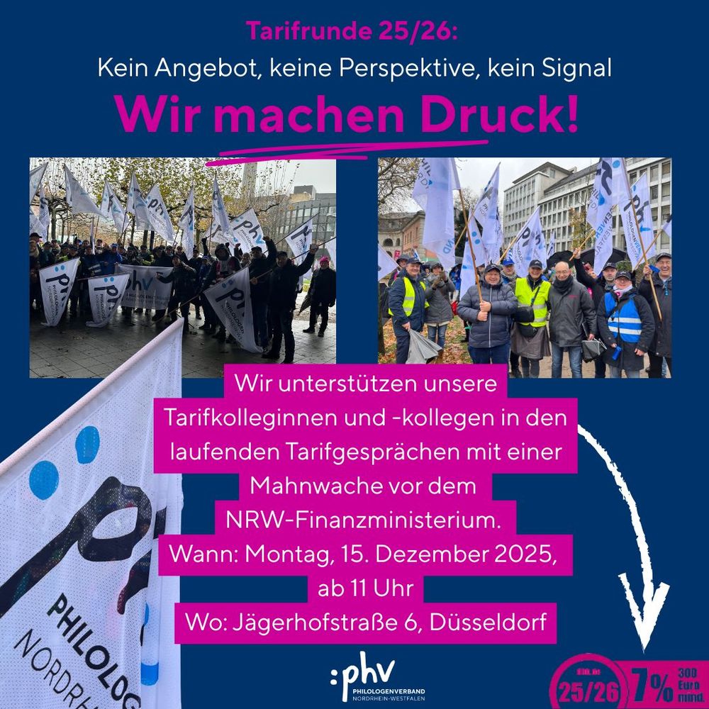 Auf dem Bild sind zahlreiche Kolleginnen und Kollegen des Philologenverbands NRW zu sehen, die mit Fahnen und Transparenten vor dem NRW-Finanzministerium demonstrieren. Die Stimmung ist entschlossen: Die Teilnehmenden haben sich zu einer Mahnwache versammelt, um ein klares Zeichen in den laufenden Tarifverhandlungen zu setzen. Wann? Montag, 15. Dezember 2025, ab 11 Uhr; Wo? Jägerhofstraße 6, Düsseldorf