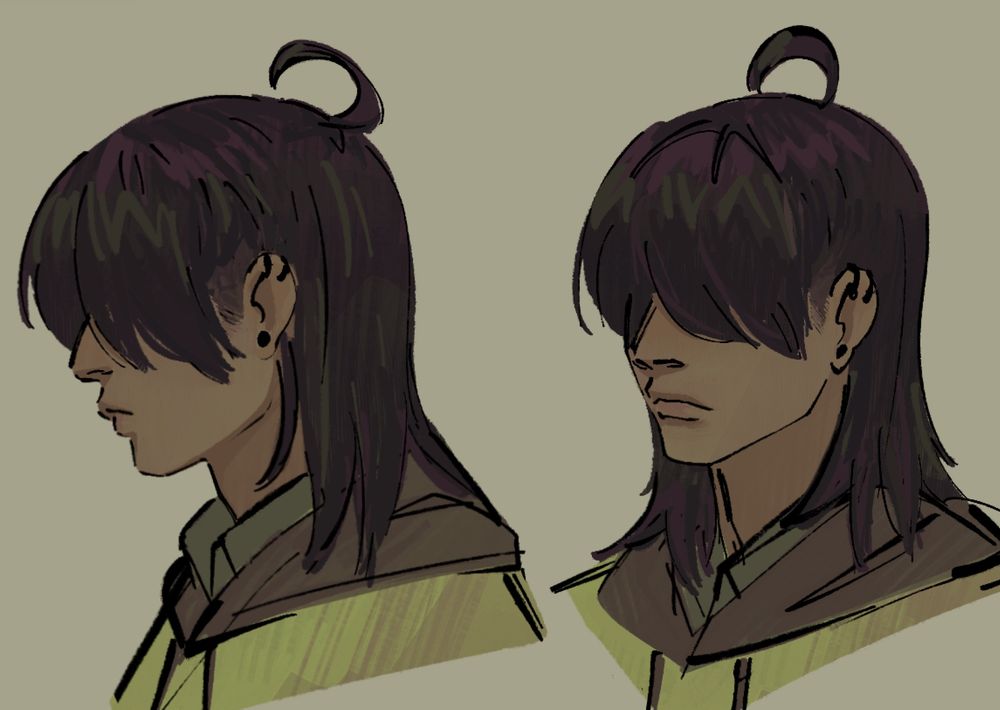 A 3/4 and side profile view of Kris from Deltarune. In this redesign they have a mullet with with bangs that cover their eyes and piercings on their ears.
