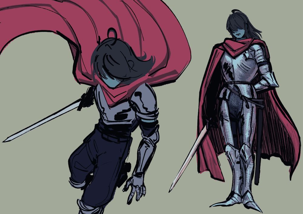 Kris from Deltarune in full medieval armor with a long red cloak. They are holding a sword.
