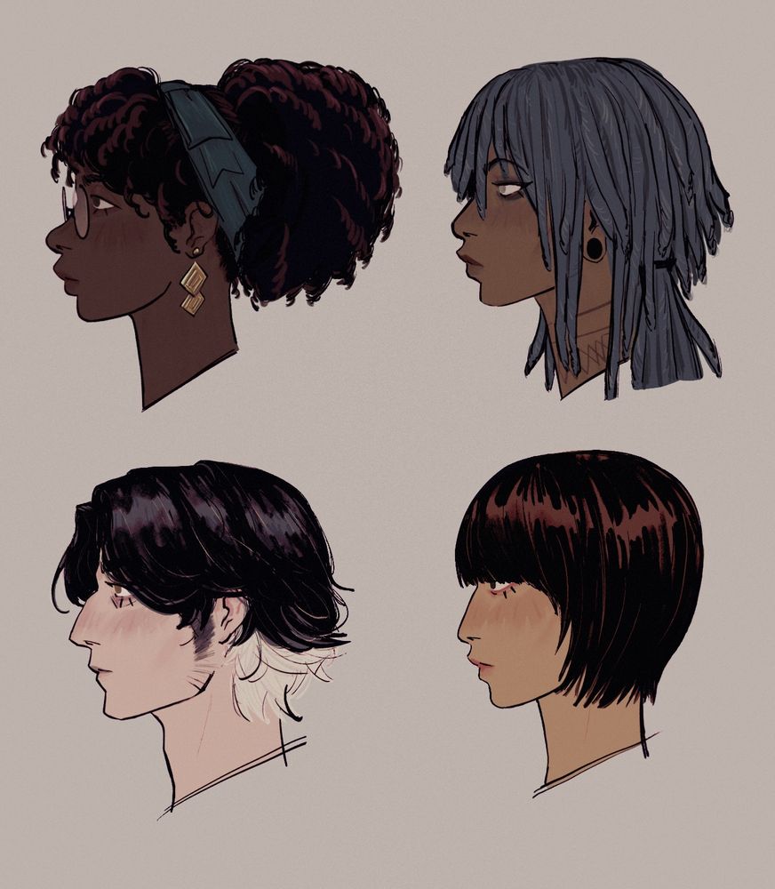 Side profile drawings of various fictional characters. The first is a dark skin black girl with an Afro tide up with a scarf and Afro bangs. The 2nd is brown skin black person with slightly uneven grey locs, an ear gauge piercing and visible neck tattoos. The 3rd is a pale white man with a halfway neck length shaggy hair cut. The white man has black hair that is white underneath. 4th person is an East Asian woman with a subtle tan skin. She has a very short cut bob with bangs that cover her eyelids.