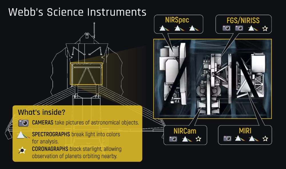 Graphic showing the positions of Webb’s four science instruments behind the telescope’s primary mirror. On the left half, under the title “Webb’s Science Instruments,” is a line drawing of the underside of Webb's mirror. A gold rectangle outlines the position of the science instruments. On the right half of the graphic is a blown-up and more detailed illustration of the four science instruments: NIRSpec, FGS/NIRISS, NIRCam, and MIRI.