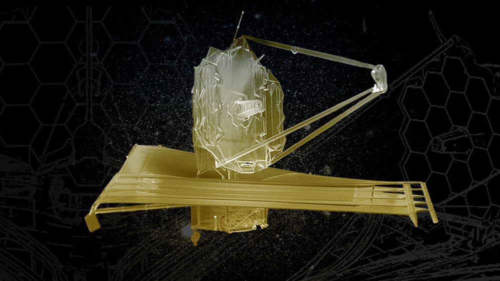 Illustration of a detailed 3D model of the Webb Space Telescope, with a faint background of stars and technical drawings.