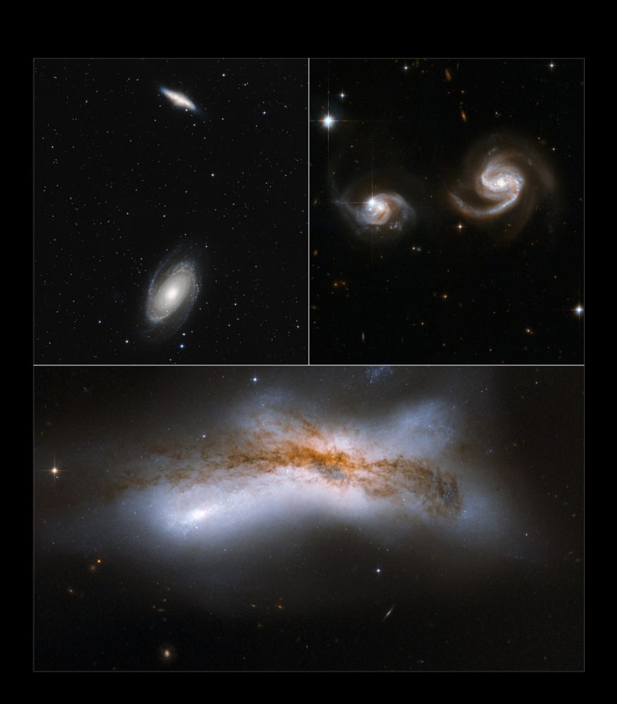 A three-panel image, two at the top, and one stretched across the bottom. At top left, two spiral galaxies are widely separated against the black background of space. At top right, two face-on spiral galaxies are close together. Their spiral arms appear stretched toward each other. At bottom, two spiral galaxies have collided, resulting in a broad X-shaped patch of milky white. Mottled clouds of dark brown dust are superimposed.