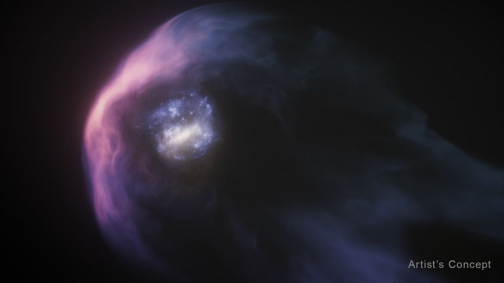 Labeled “artist’s concept” at bottom right, the graphic shows a closeup of a dwarf galaxy, which appears roughly circular with a light yellow bar in the center. Faint, blue, wispy, cloud-like features surround this yellow bar, and they are sprinkled with tiny white specks. A wide, wispy, purple arc appears to the left of the galaxy. Trailing the galaxy is a large, faint, wide, tail-like feature.