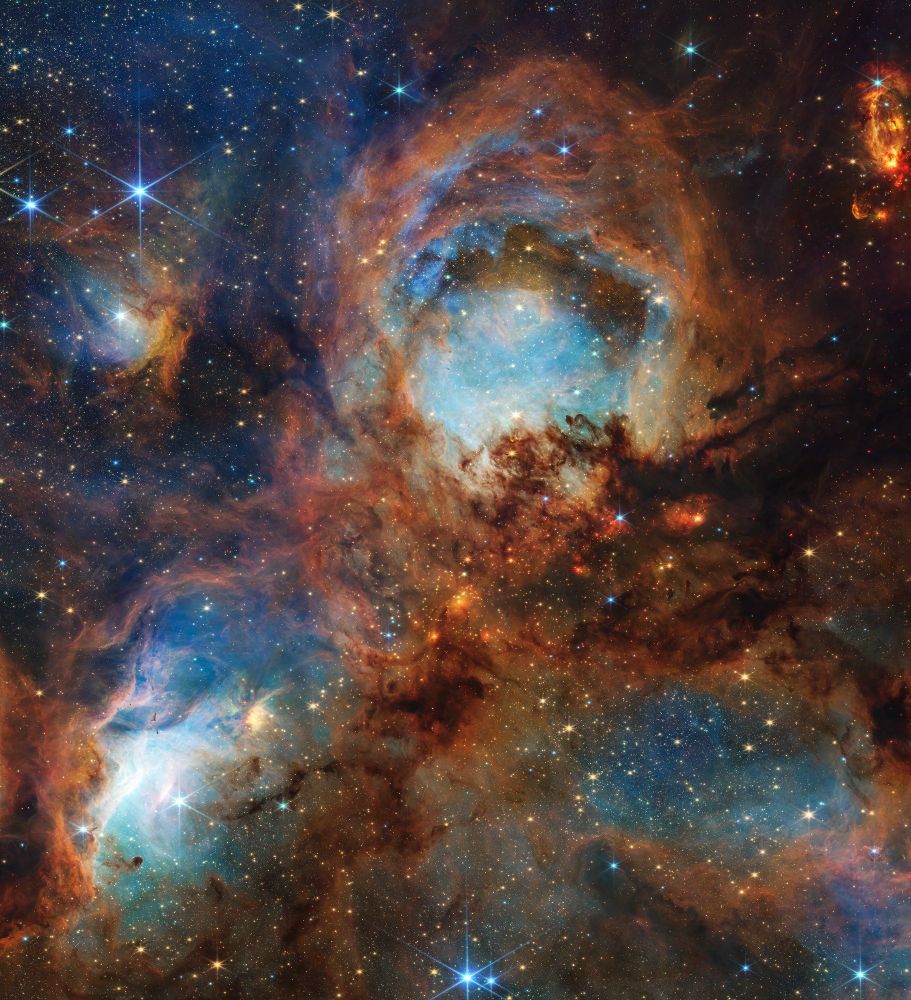 A section of the Cat’s Paw Nebula, a local star-forming region composed of gas, dust, and young stars. Four roughly circular areas are toward the center of the frame: a small oval toward the top left, a large circle in the top center, and two ovals at bottom left and right. Each circular area has a luminous blue glow, with the top center and bottom left areas the brightest. Brown-orange filaments of dust, which vary in density, surround these four bluish patches and stretch toward the frame’s edges. Small zones, such as to the left and right of the top-center blue circular area, appear darker and seemingly vacant of stars. Toward the center are small, fiery red clumps scattered among the brown dust. Many small, yellow-white stars are spread across the scene, some with eight-pointed diffraction spikes that are characteristic of Webb. A few larger blue-white stars with diffraction spikes are scattered throughout, mostly toward the top left and bottom right. 