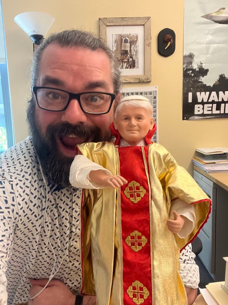 Selfie with porcelain doll of Pope John Paul II in my office