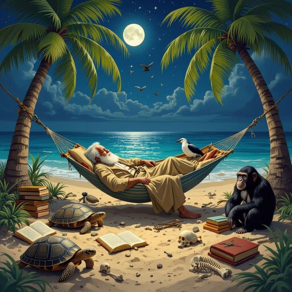 Dreaming Charles Darwin's subconscious mind sleeping in a hammock on a tropical island surrounded by Galapagos turtles, a dodo and a chimpanzee. The moonlit beach is strewn with books and fossils.
