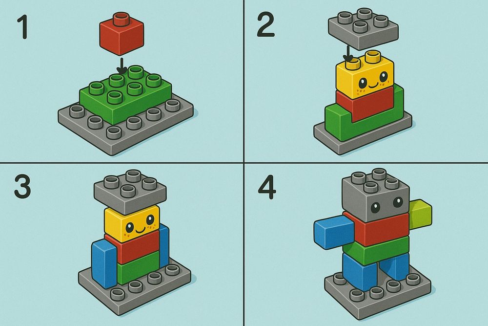 Four LEGO diagrams that illustrate the four steps to create what resembles a robot. The instructions do not make any sense.