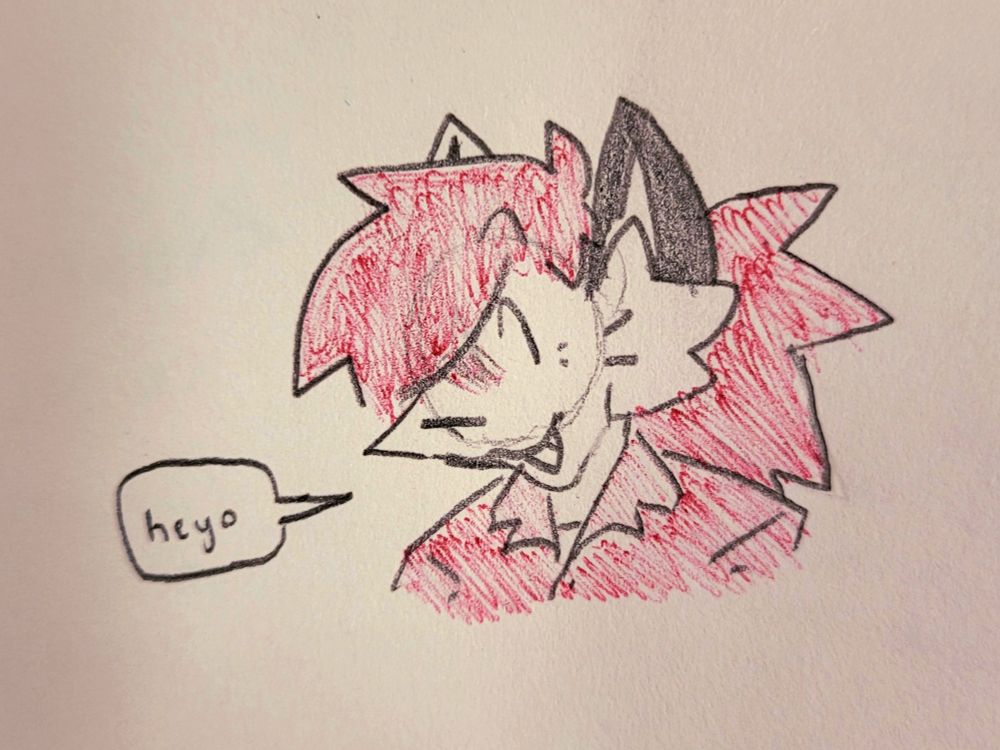 alex (they/them, calico cat) drawn on paper, colored in with a red pen. they simply state: "heyo"