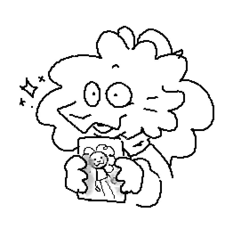 betty (any pronouns, goopy goat) holding up a silly doodle of herself. looking very happy with it.