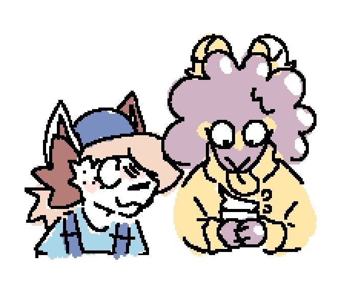 alex (they/them, calico cat) in their work clothes watching betty (any pronouns, goopy goat) eating ice cream they got for her . :)