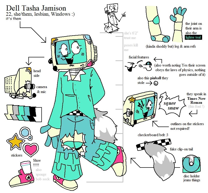ref image for Dell Tasha Jamison, a 22 year old monitor-head computer fellow. they go by she/them, are a lesbian, and run Windows. the image details parts of their design like the type of shoes they wear or how they have a camera and microphone taped to the side of their head to simulate seeing and hearing. alongside other things like their clip-on tail and a random metal ball they stole from a pinball machine