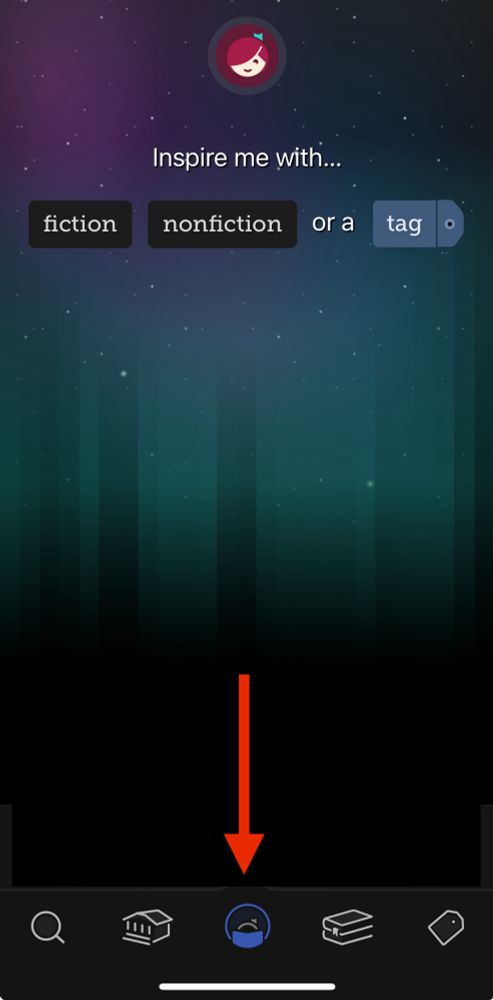 This is the main screen when you click on the middle button for the AI suggestion in the Libby app. The screen has a starry night sky, and the text says “inspire me with…” and has selectable items: fiction, nonfiction or a tag. At the bottom is a red arrow pointing to where the AI feature is on the app.  