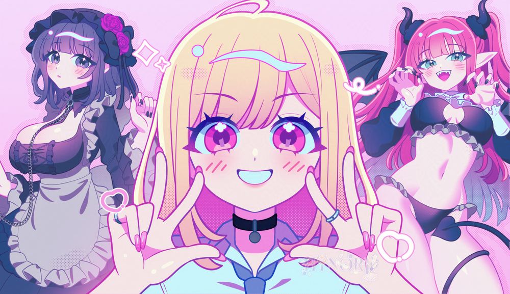 illustration of marin kitagawa cosplaying kuroe shizuku and riz-kyun in the style of the S2 ending