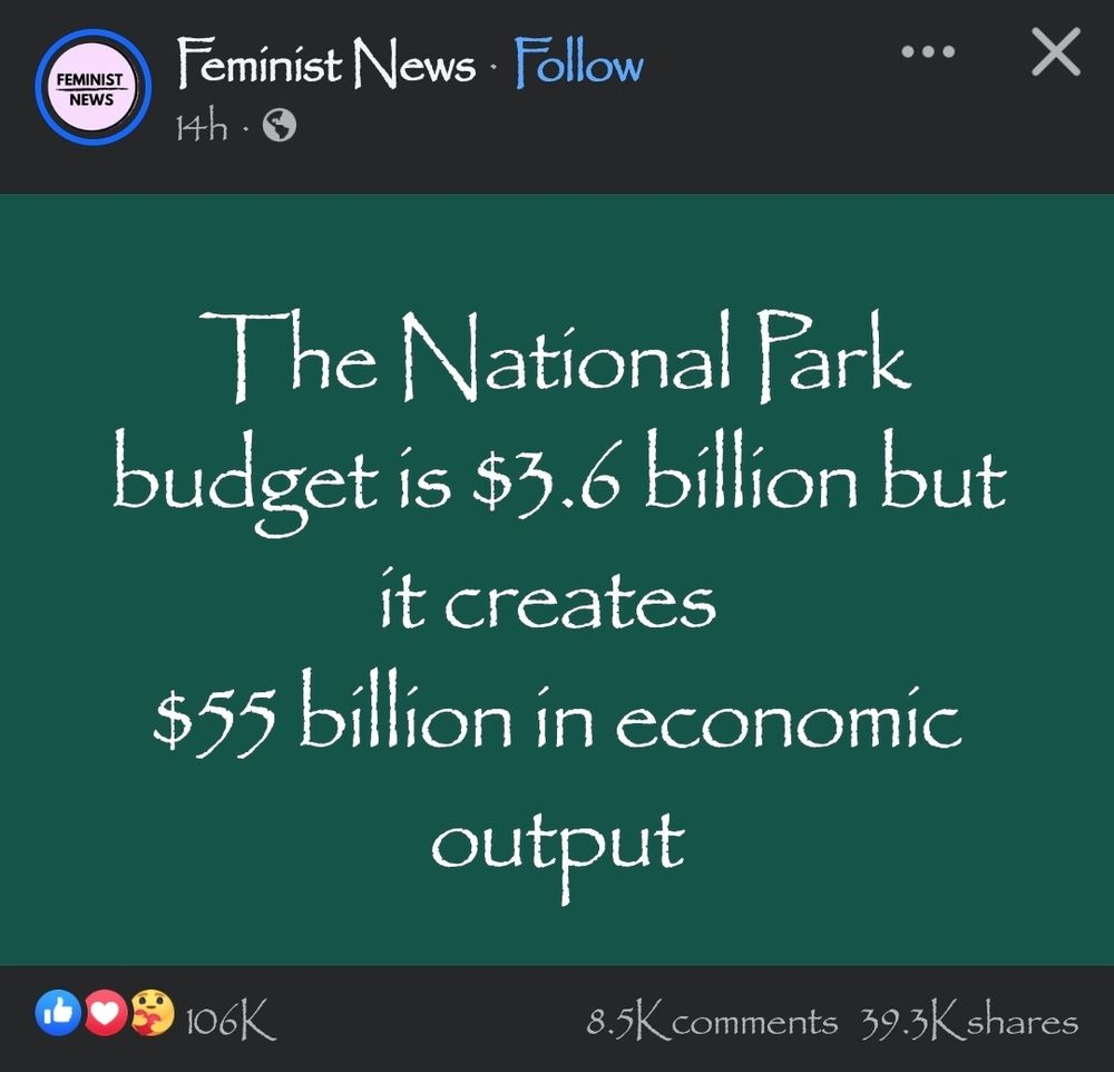 Facebook post screen shot from "Feminist News" that reads - The national park budget is 3.6 billion but it creates 55 billion in economic output
