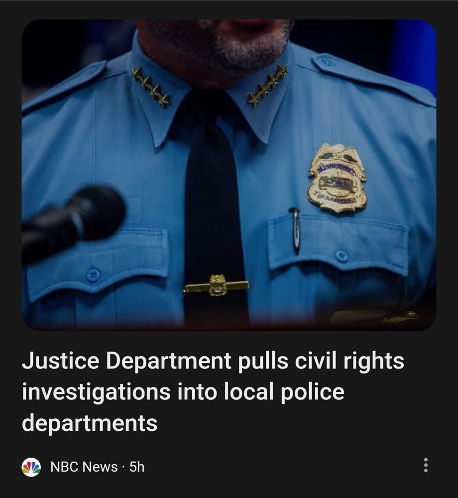 Police officer at a podium. NBC News screen shot of an article titled "Justice Department pulls civil rights investigations into local police departments"
