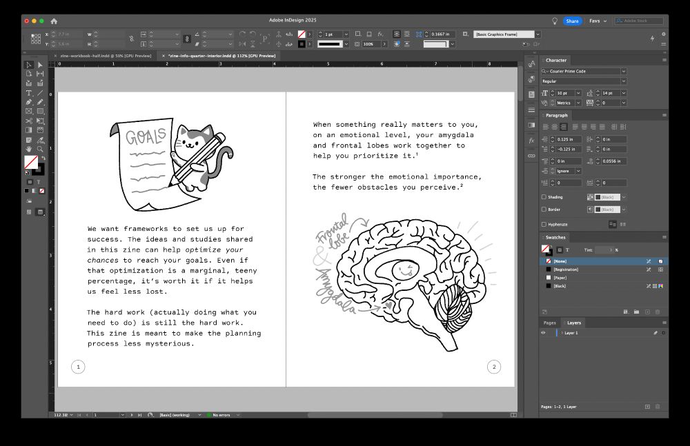 screenshot of a two-page spread in indesign showing page layouts of type + illustrations, one of a cute cow-print cat writing on a “goals” page with exaggerated proportions + one of a brain with a goofy face and a heart symbol where the amygdala is