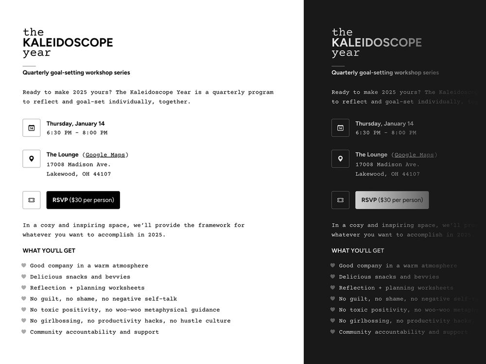 monochrome web page design in light + dark modes, typography-based with minimal icon highlights for event key details. 