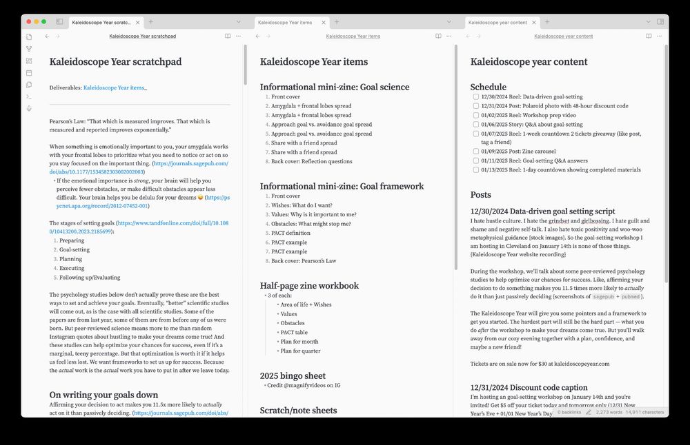 screenshot of three text documents (in Obsidian.app) with research, deliverables, and social media content
