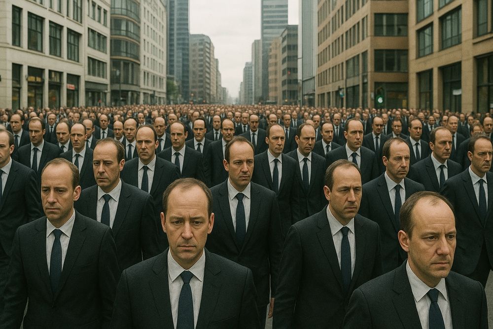 Ein Stadtbild mit vielen sehr sehr ähnlich aussehenden Leuten mit Halbglatze und dunklen Anzug