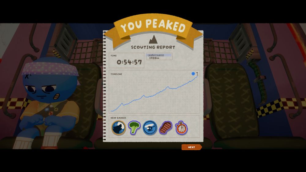 a screenshot of the game PEAK. it shows that a single scout has reached the end of the game in 54:57, earning the lone wolf badge, naturalist badge, survivalist badge, leave no trace badge, and speed climber badge.